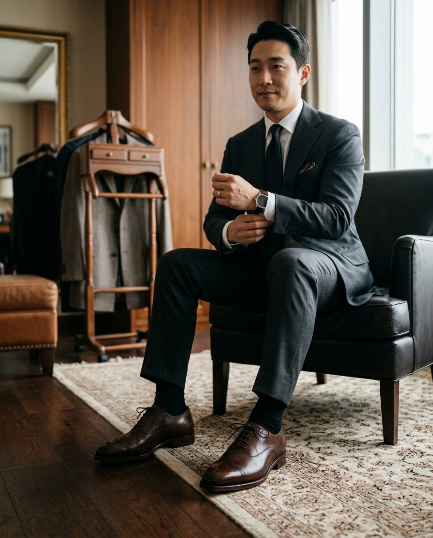 정장구두와 정장을 입은 남성의 사무실 전경.
