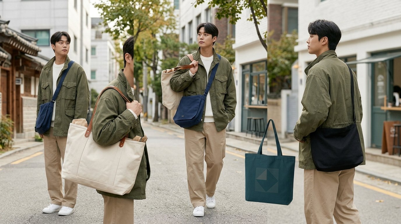 도심 거리에서 다양한 디자인의 남성 에코백을 소지한 사람들 모습