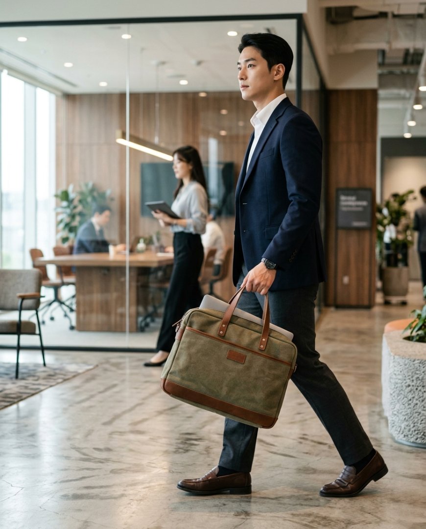 세련된 사무실에서 토트백과 정장을 매치한 모습