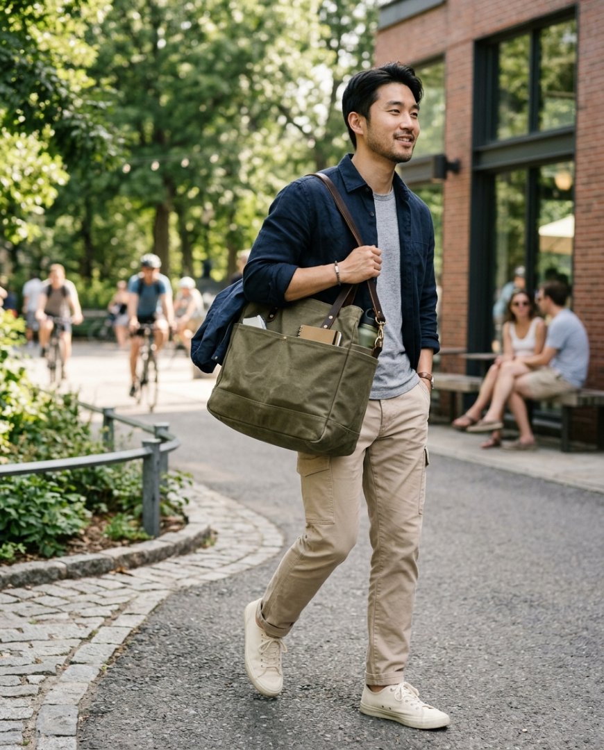 활기찬 야외에서 크로스백과 캐주얼 복장을 갖춘 모습