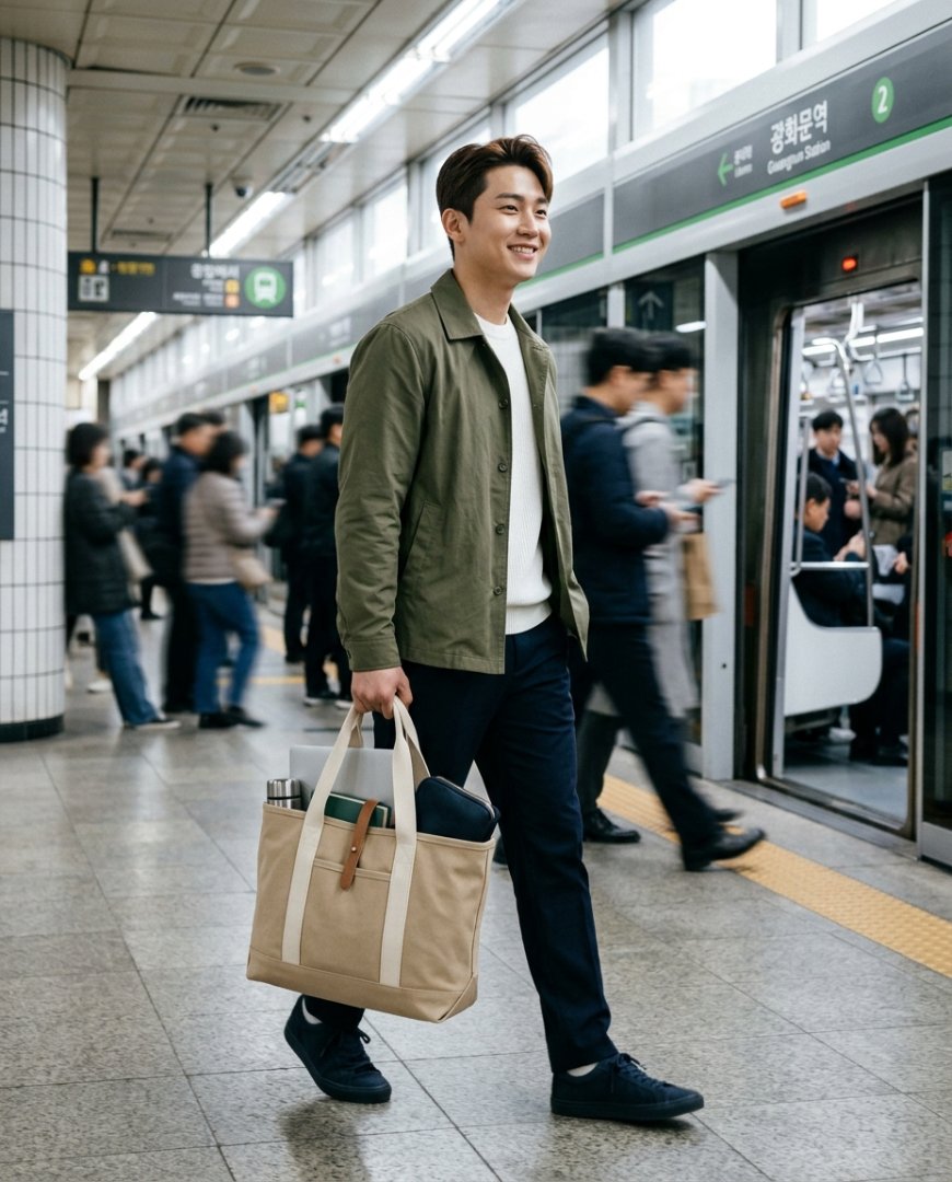 출근길에서 에코백과 코트를 매치한 모습