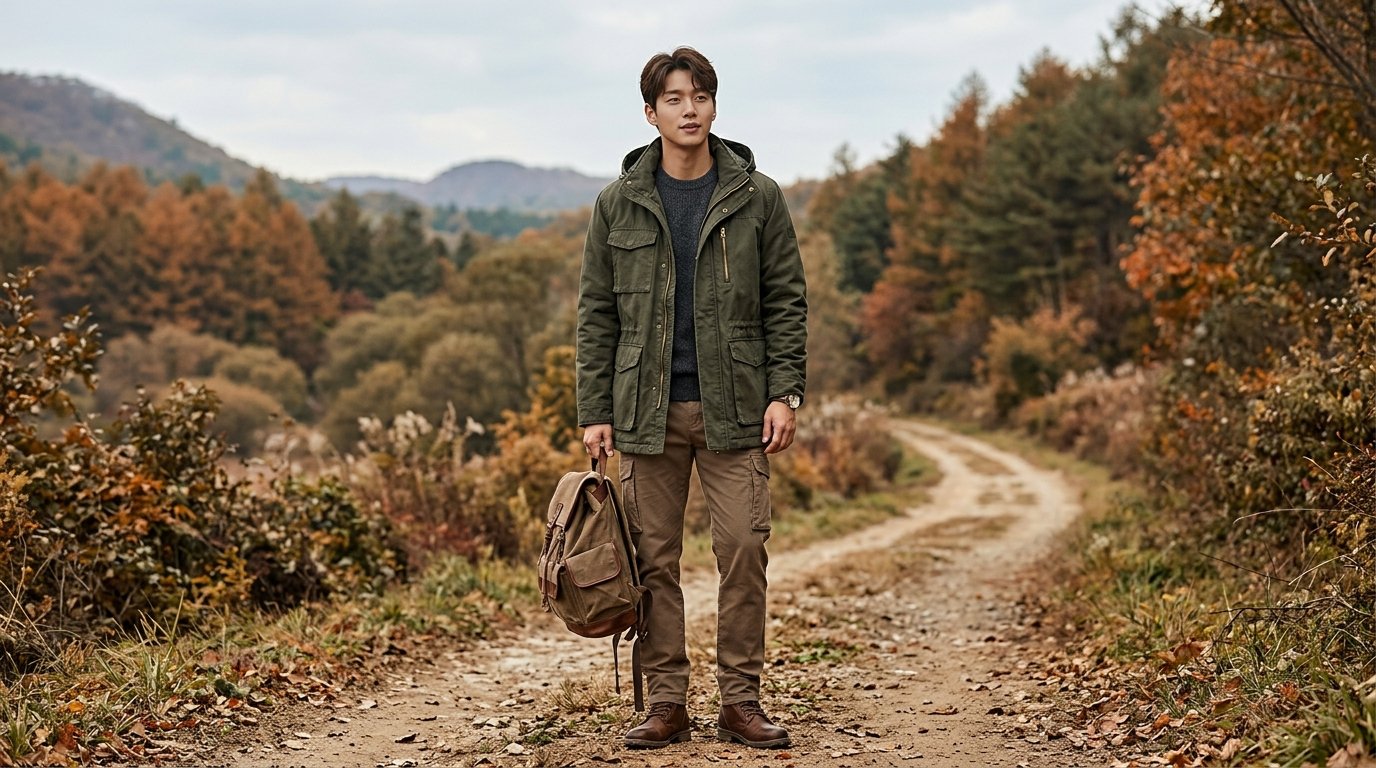 도시 거리에서 다양한 야상 스타일로 차려 입은 남성들 모습