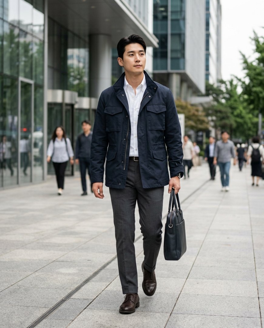 도시 거리에서 깔끔한 비즈니스 캐주얼룩을 연출한 남성