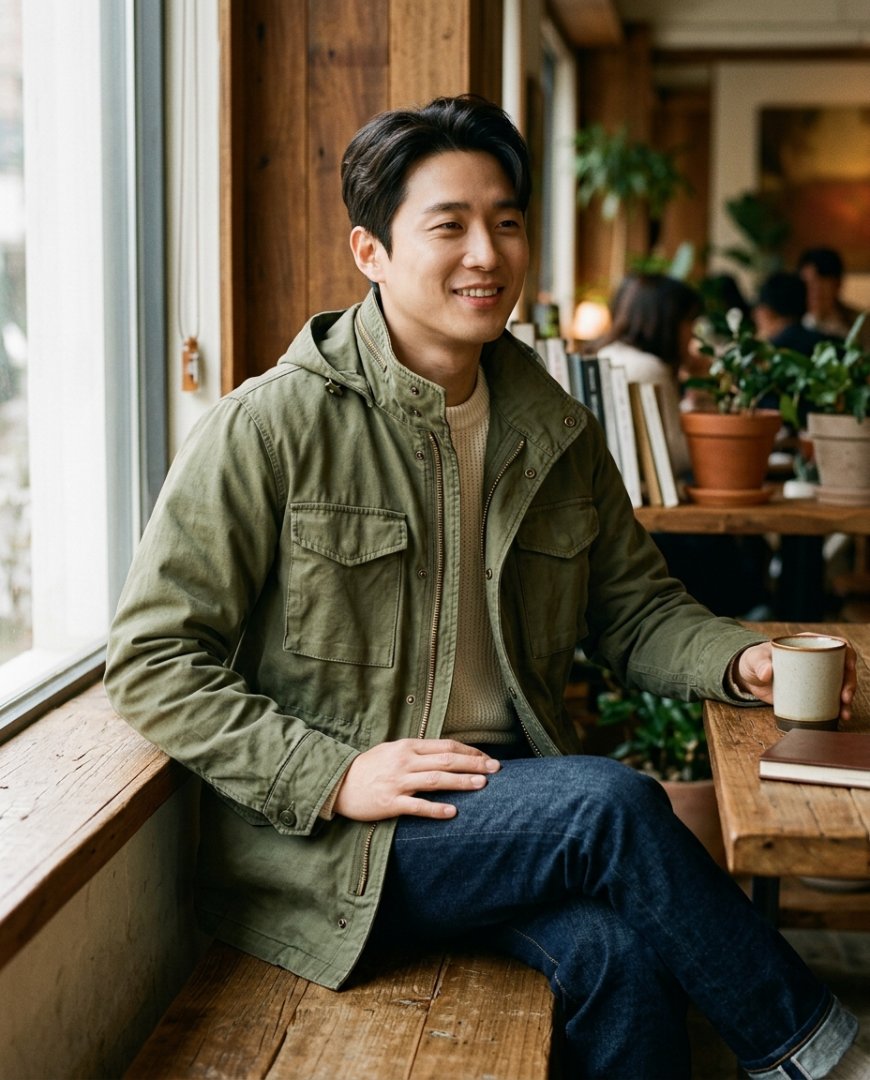 공원에서 편안히 쉬고 있는 남성의 캐주얼 야상 스타일