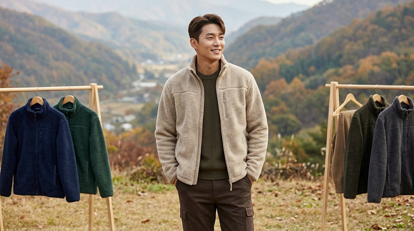 도시 거리에서 플리스자켓을 입은 남성