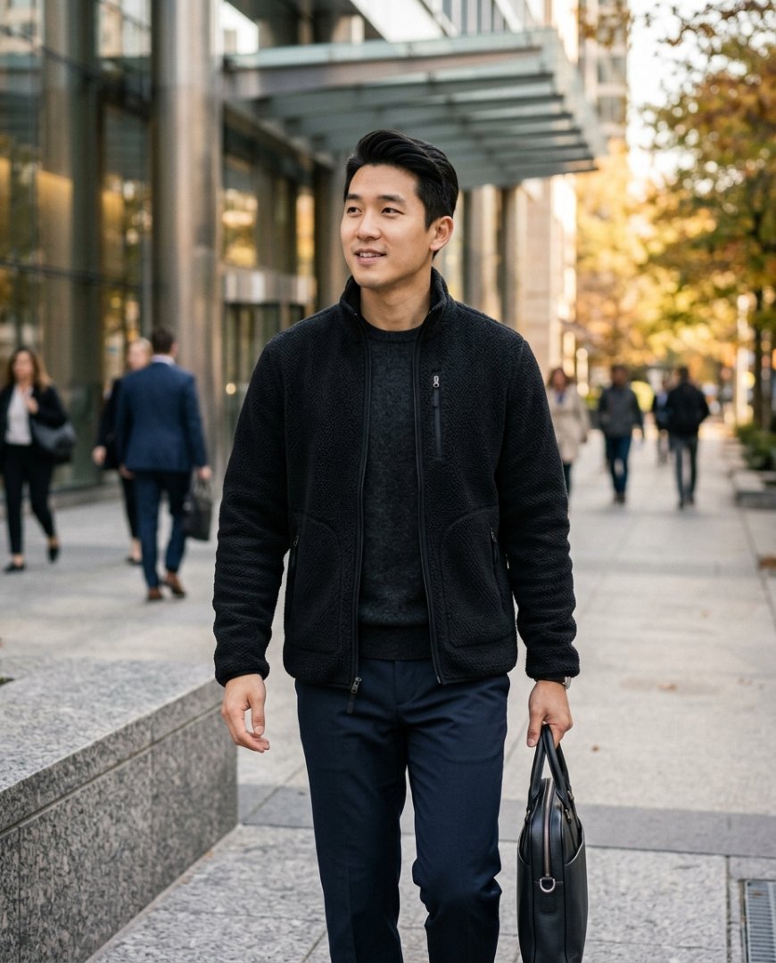 현대식 건물 앞 오피스룩의 남성