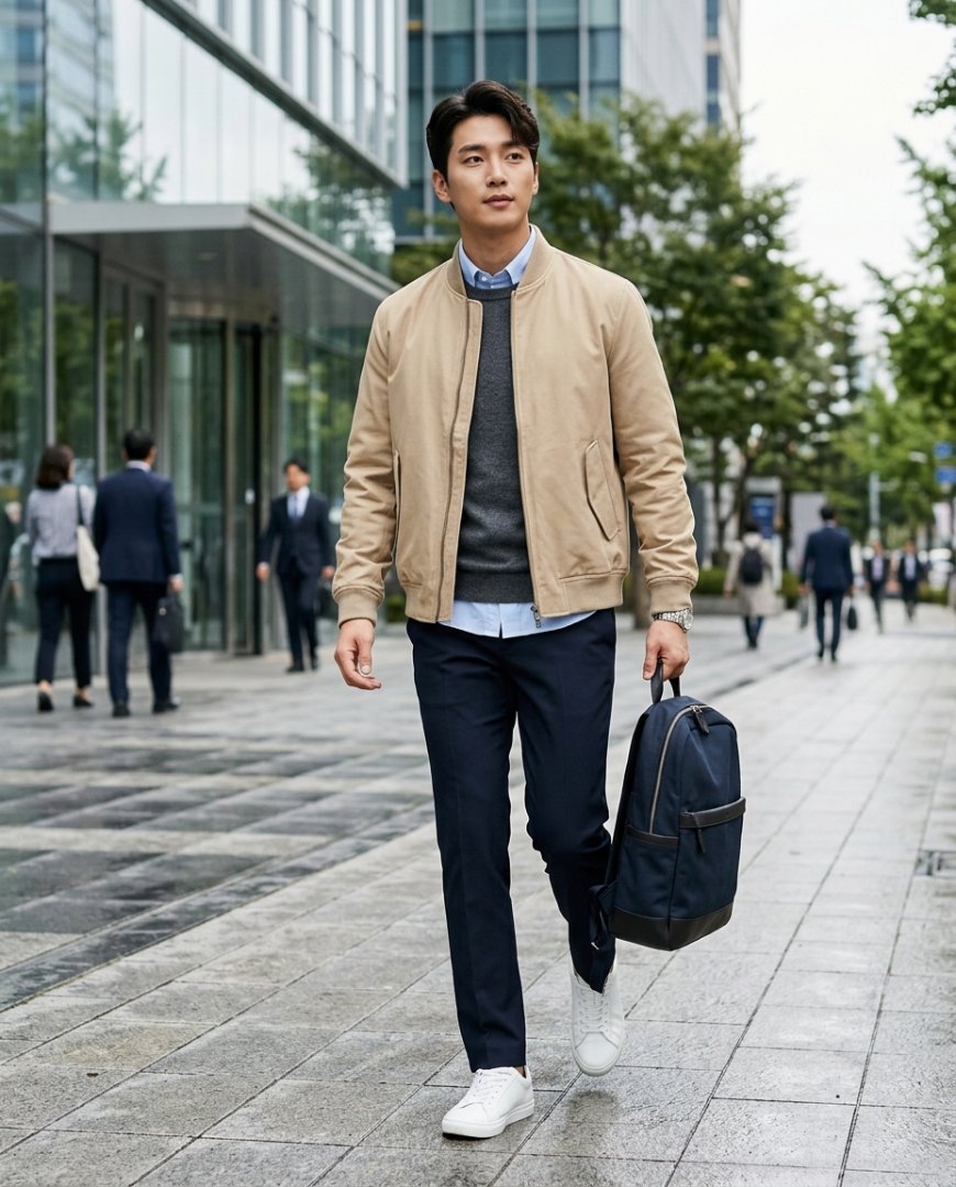 사무실에서 항공점퍼를 입고 있는 남성들.