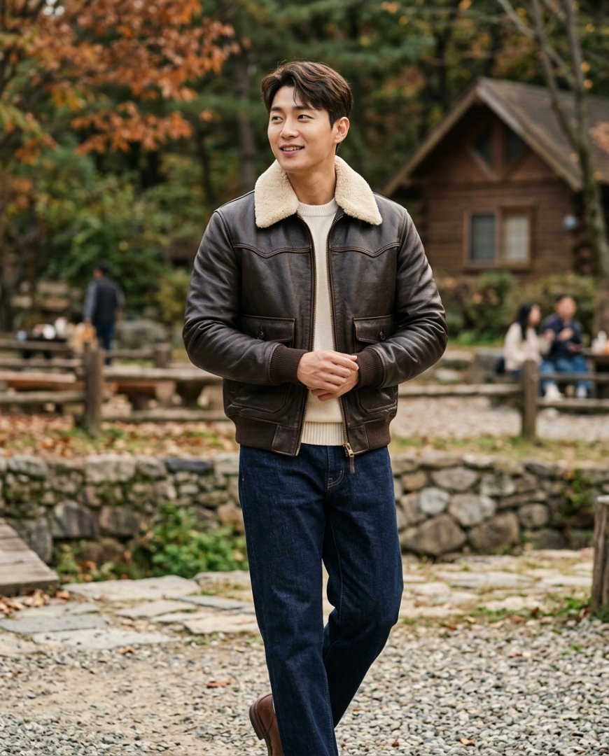 공원에서 항공점퍼를 입고 있는 남성들.