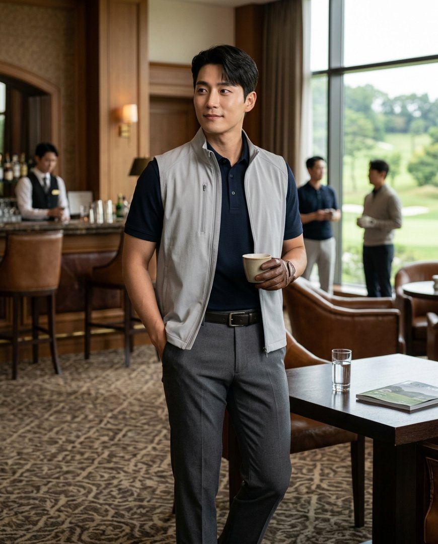 클럽하우스에서 음료를 즐기는 우아한 골퍼의 모습