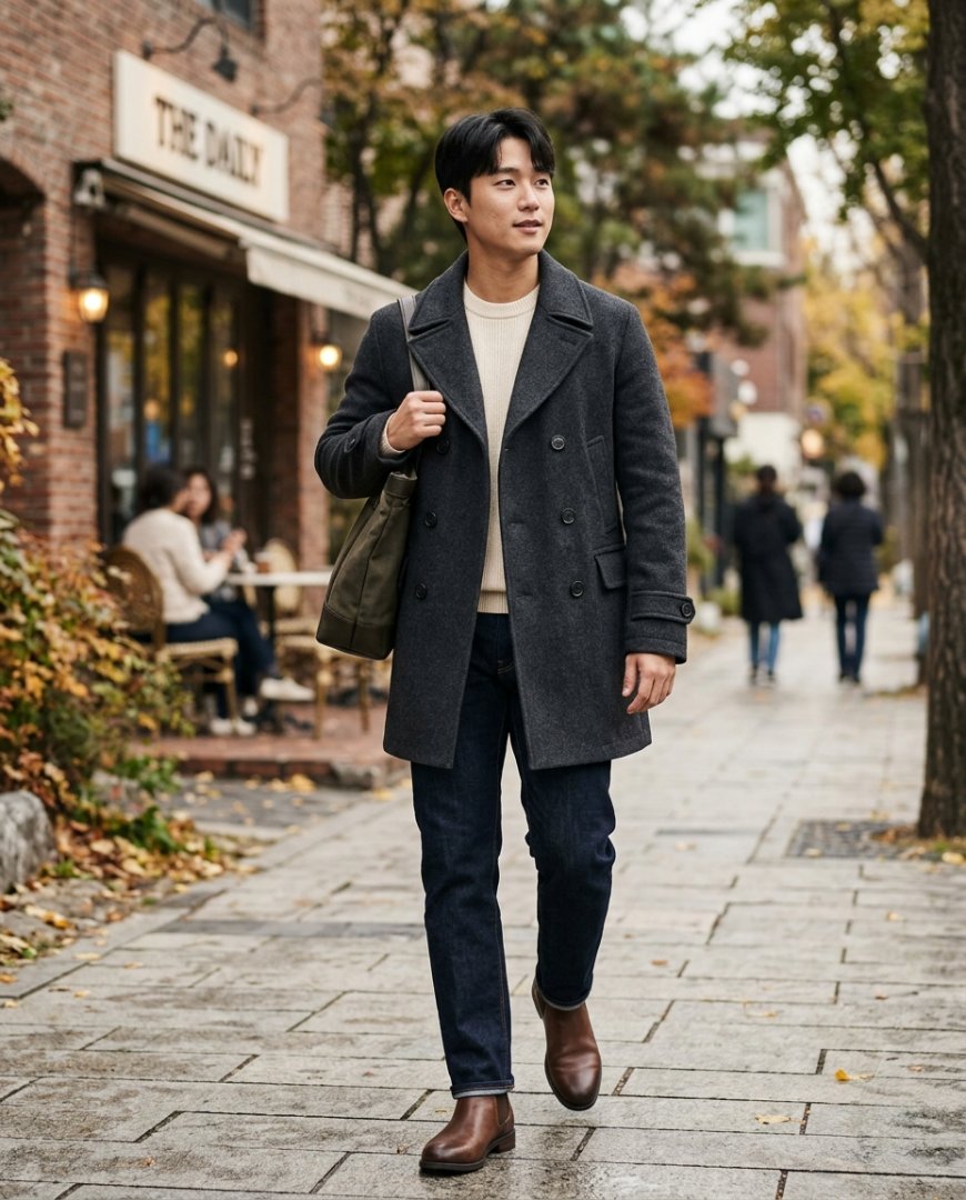 도심 거리를 걷는 남성의 캐주얼한 하프코트 스타일