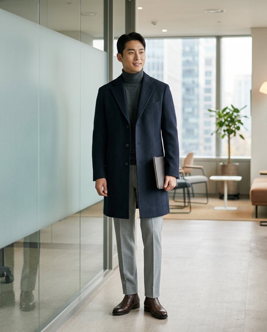 사무실 로비에서 블랙 하프코트를 착용한 남성