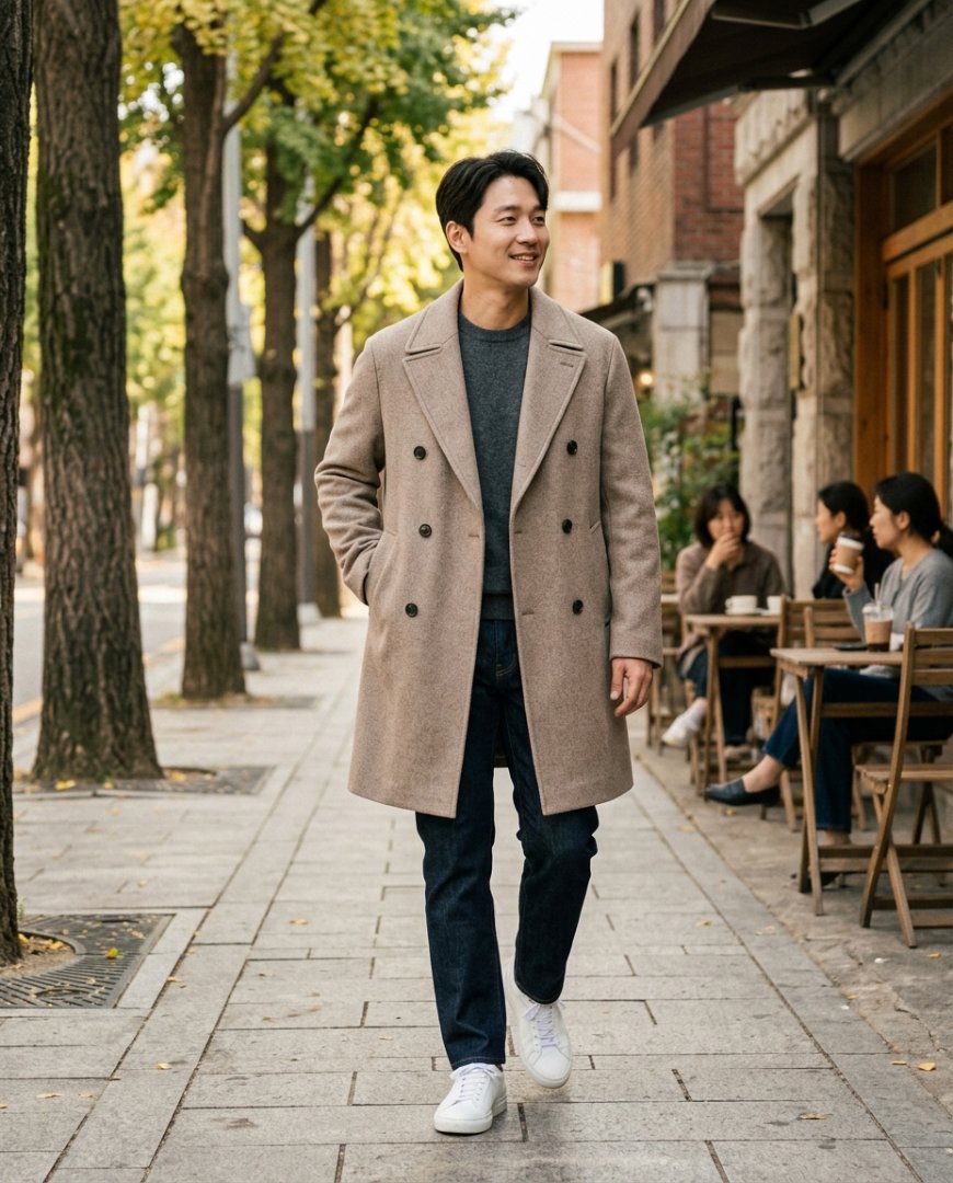 공원 벤치에서 베이지 하프코트를 입은 남성
