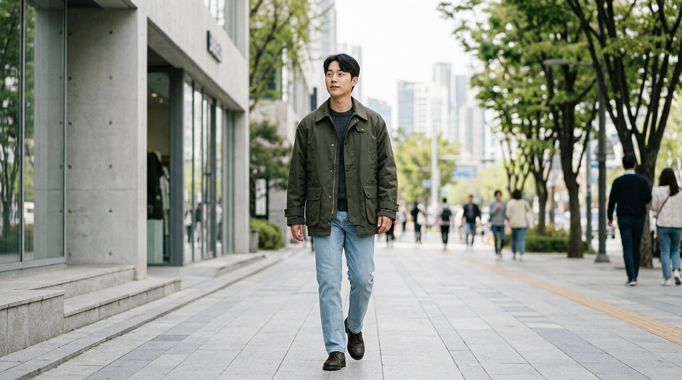 도심 거리에서 하프자켓을 입은 남자가 걸어가는 장면.
