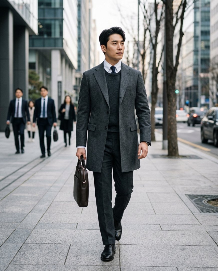 사무실에서 하프자켓과 셔츠를 입은 남성.