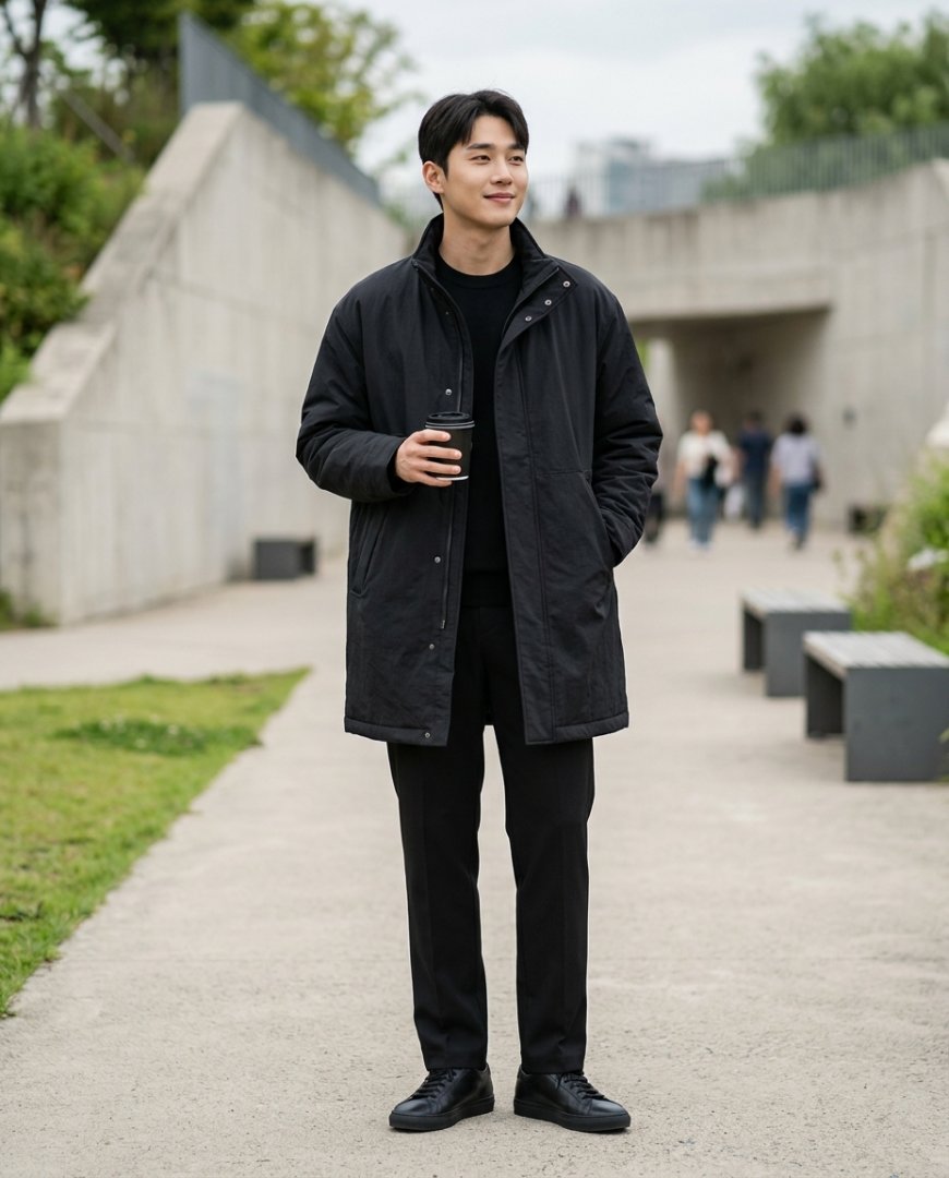 공원에서 하프자켓을 입은 남성이 걷는 장면.