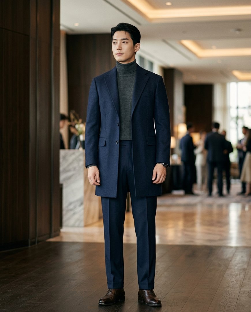 호텔 로비에서 하프자켓을 착용한 남성이 서 있는 상반신.
