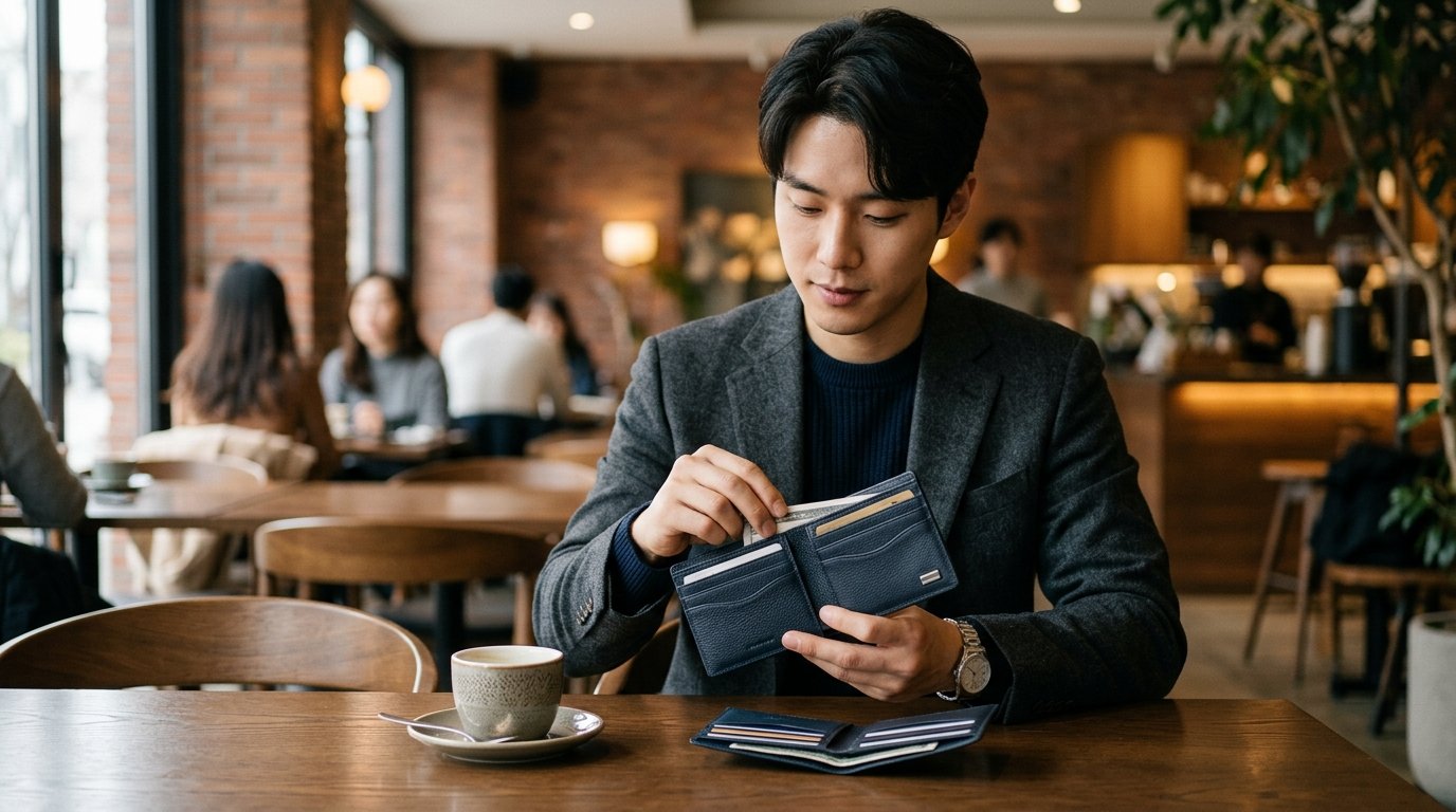 테이블 위에 다양한 색상의 남성 반지갑을 펼쳐놓은 장면