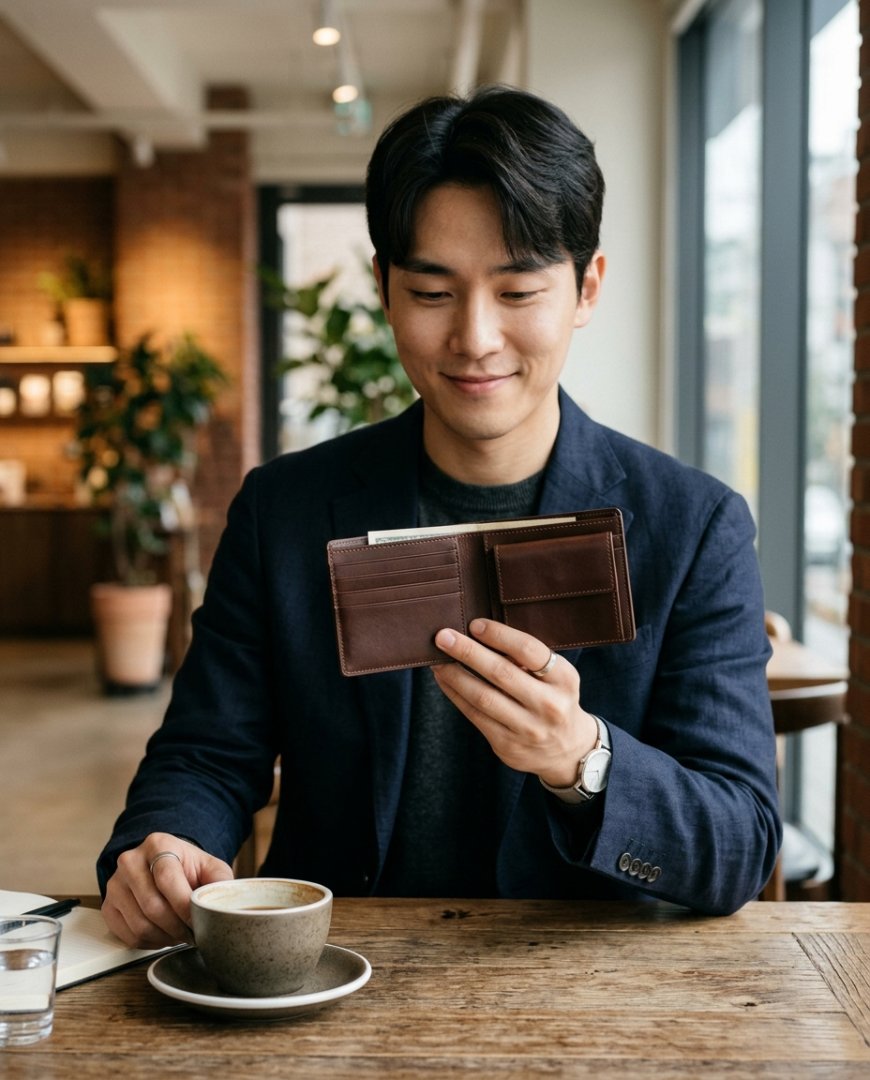 카페 테이블 위 열린 가방과 반지갑이 놓인 모습