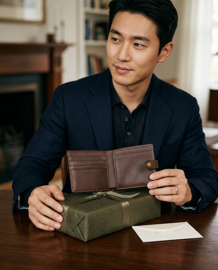 선물 포장된 반지갑과 리본이 테이블 위에 있는 장면