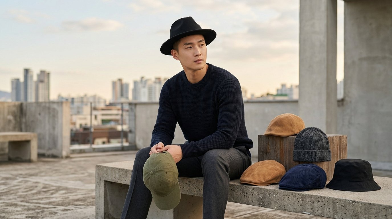 다양한 남성 모자가 진열된 세련된 매장 장면