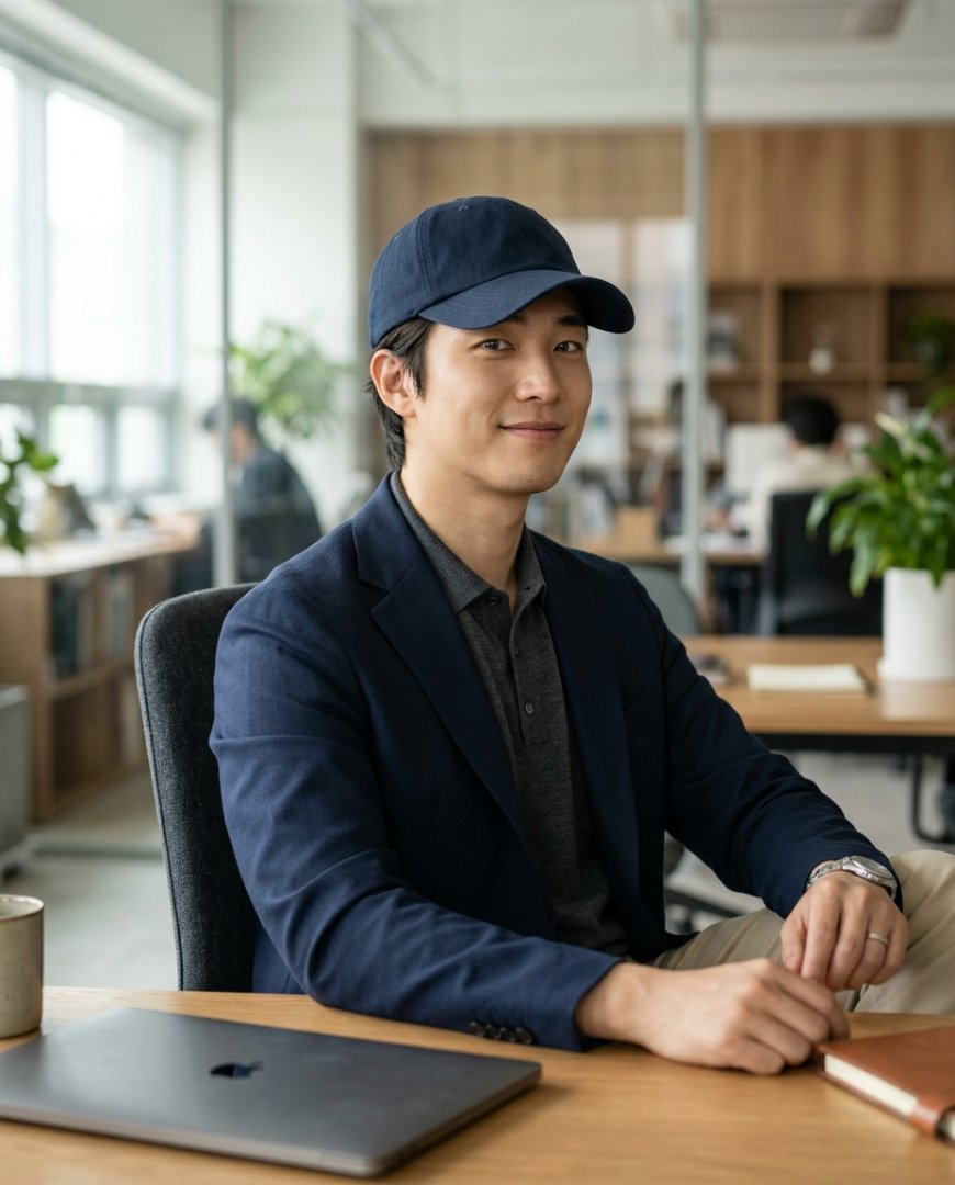 네이비 헌팅캡을 쓴 남성이 사무실에서 일하는 모습