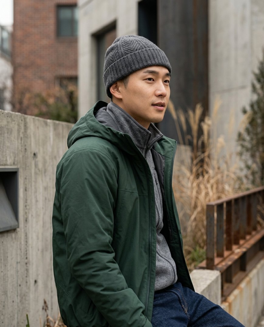 그린 비니와 후드티 차림으로 트레일을 즐기는 남성