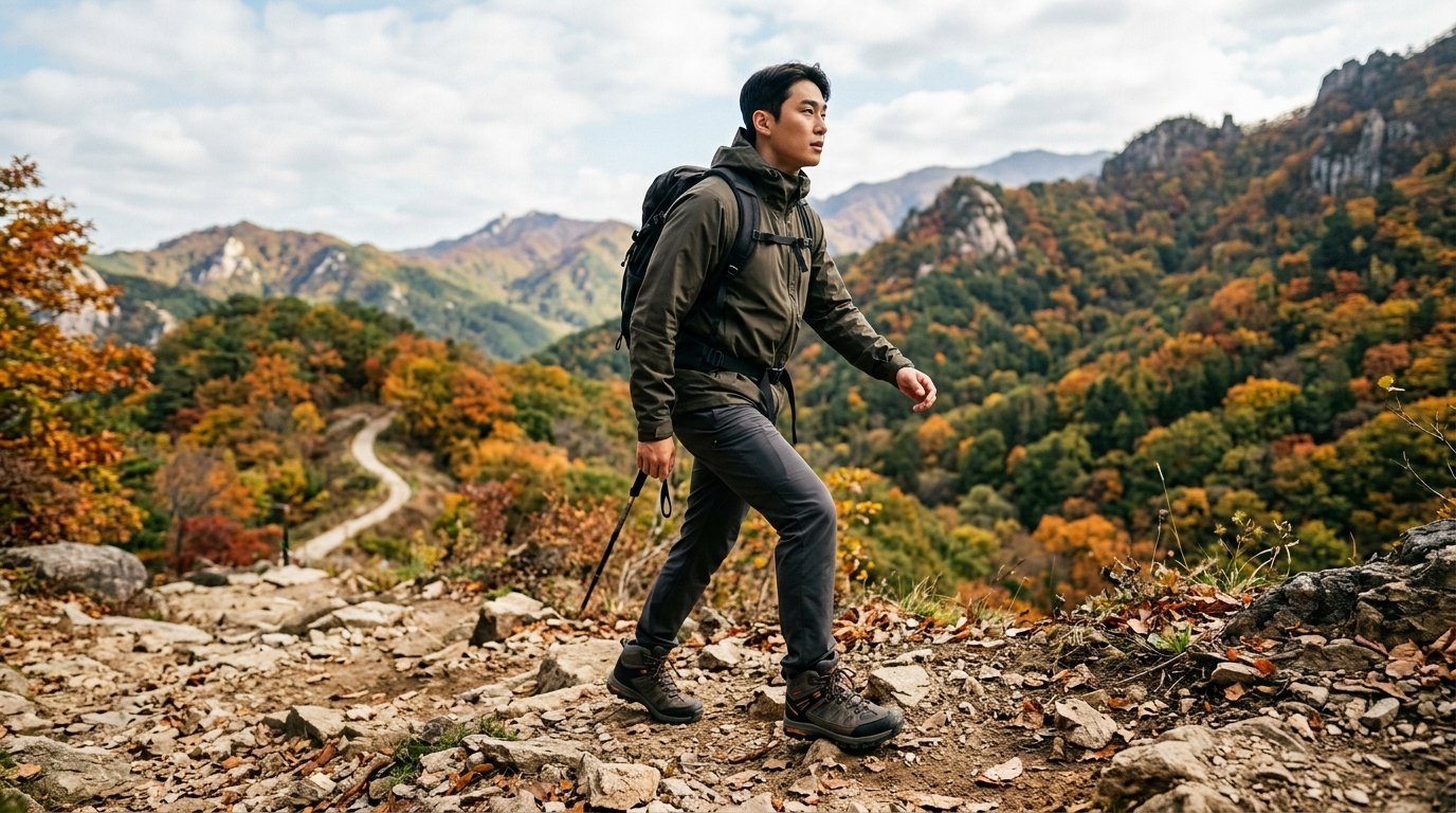 자연 속 남성 등산화가 나란히 놓인 모습