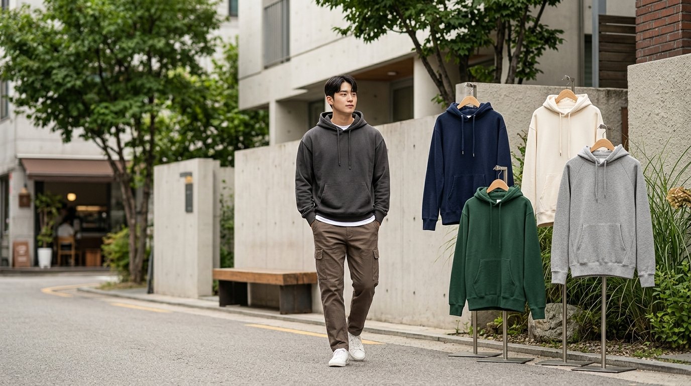다양한 남성 후드티가 진열된 거리의 쇼핑 장면