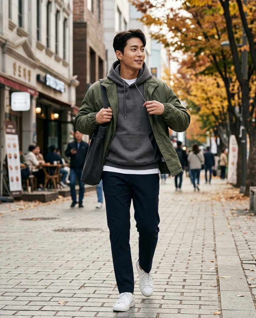 도시 분위기에서 네이비 후드티와 슬랙스를 착용한 남성