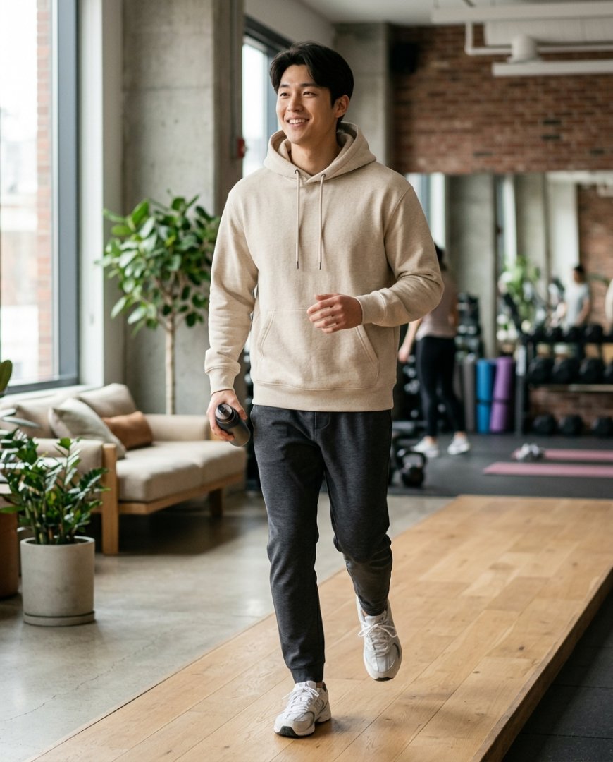 공원에서 화이트 후드티와 데님을 입고 휴식을 취하는 사람