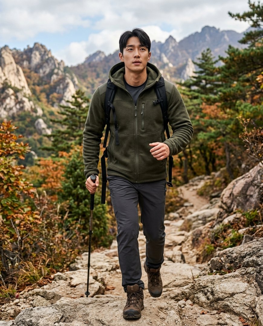 산에서 하이킹하며 후드집업을 착용한 사람