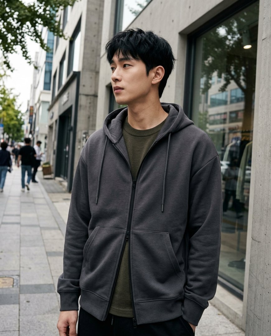 도심에서 스타일리시하게 후드집업을 입은 남성