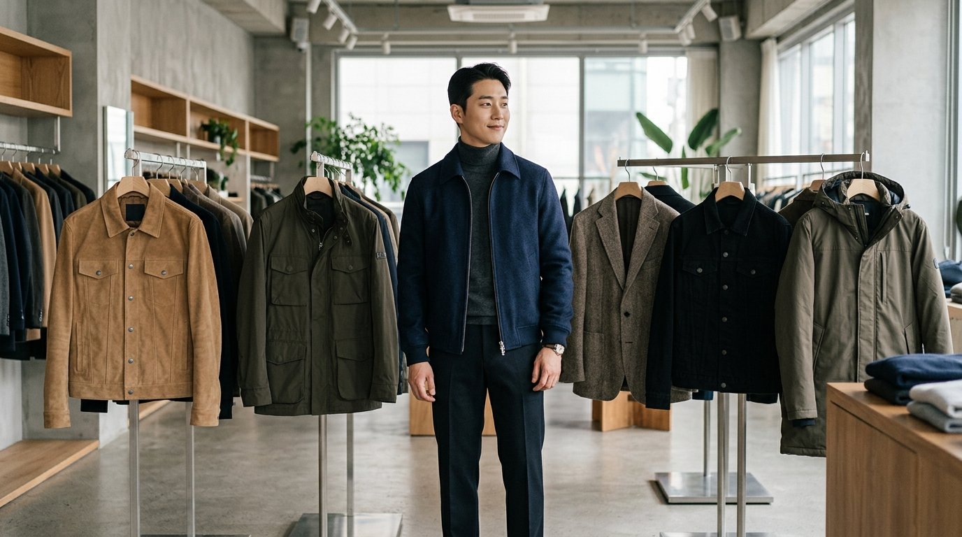 도심 거리에서 자켓과 슬랙스를 입고 걷는 남성