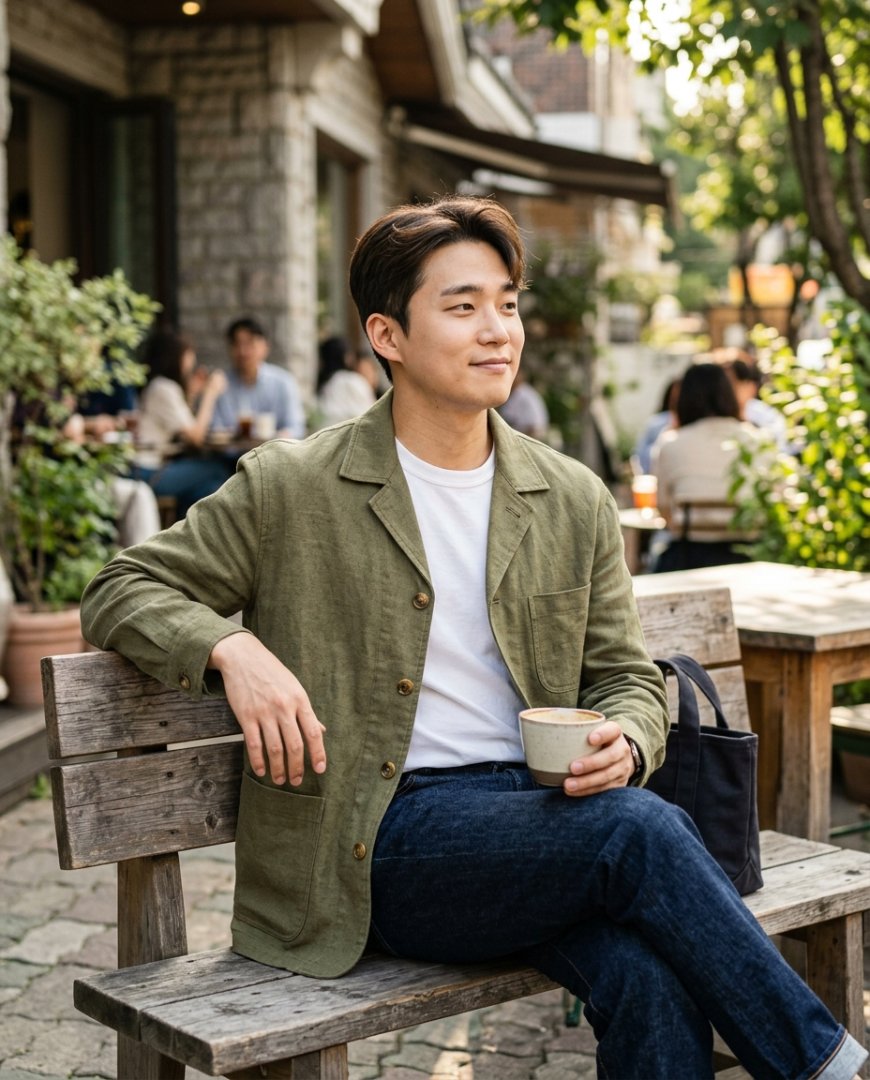 베이지 자켓을 입고 커피숍 앞에 서 있는 남성