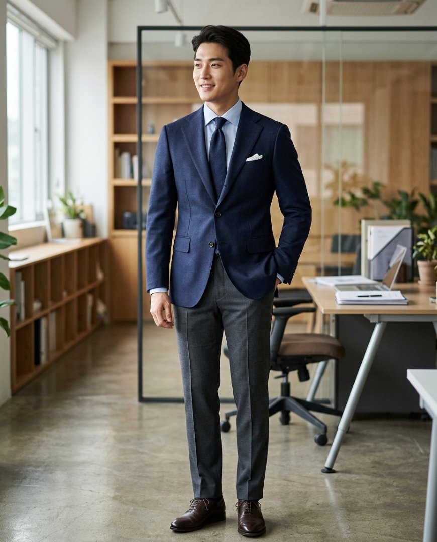슬림 셔츠와 네이비 슬랙스에 자켓을 입은 남성