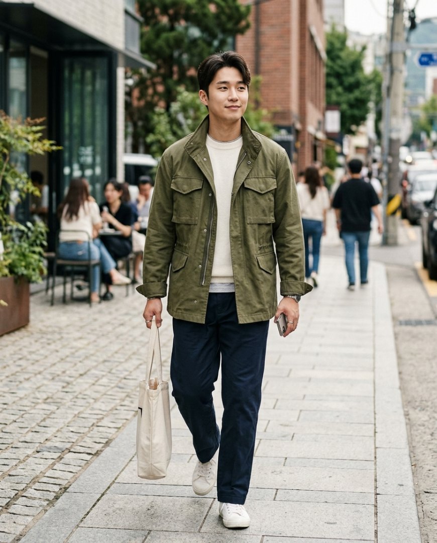 그레이 자켓과 니트를 레이어링한 남성
