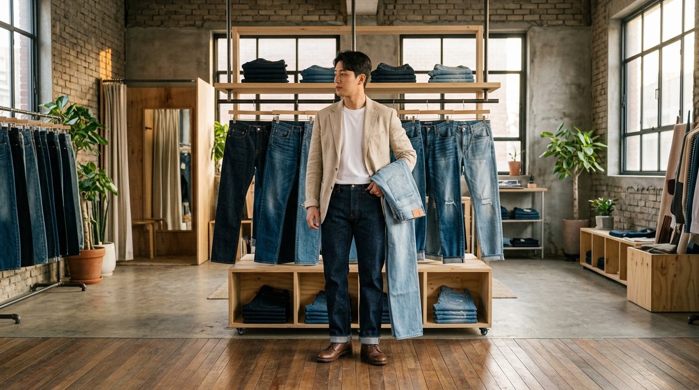 다양한 스타일의 남성 청바지를 입은 모델들