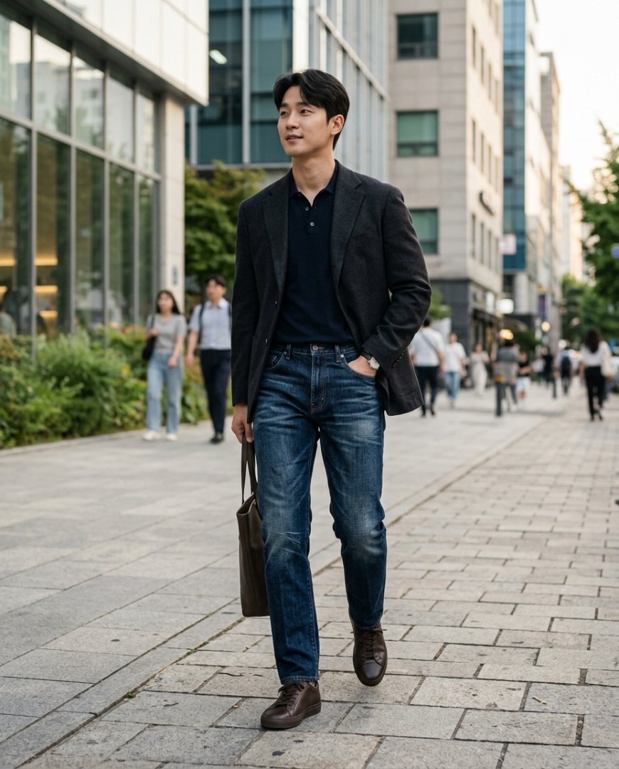 모임에서 세련된 청바지를 입은 남성들