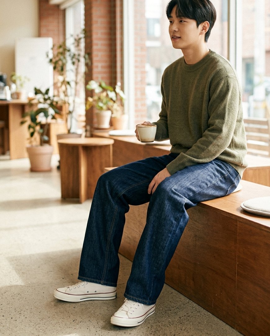 공원에서 캐주얼한 청바지로 편안히 휴식 중