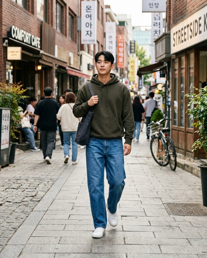 트렌디한 청바지를 입고 활기찬 거리에서 걷는 남성