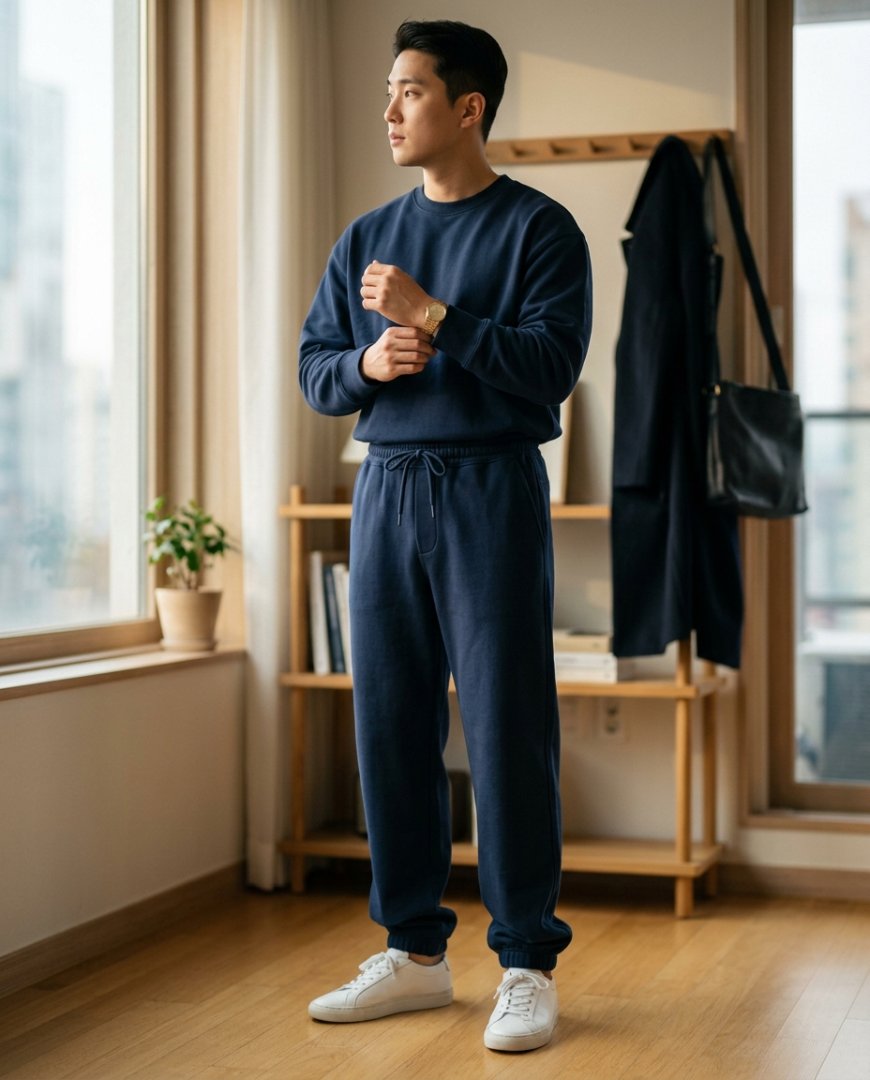 도시 거리에서 캐주얼 셔츠와 스니커즈를 입은 남성