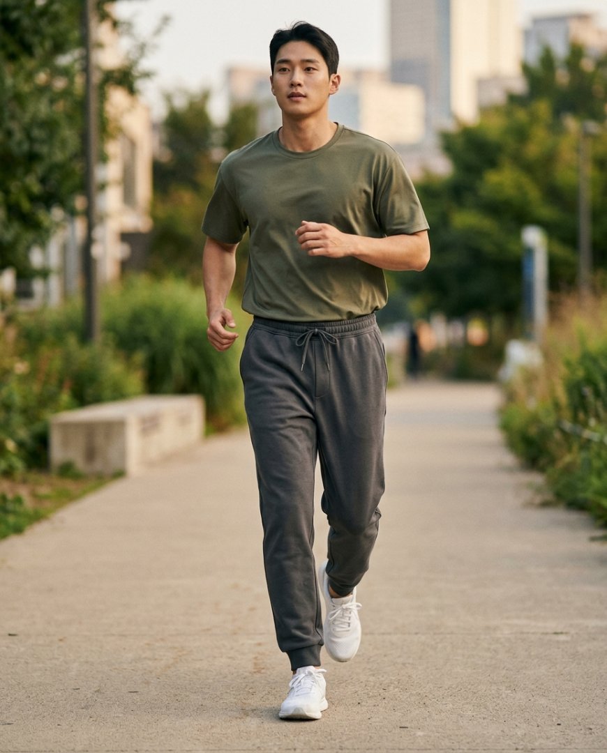 공원에서 활동적으로 움직이는 러닝화와 기능성 상의 착용