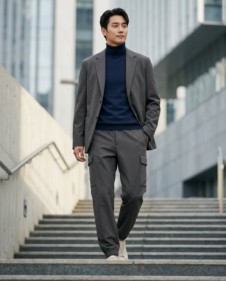 실내 공간에서 블레이저와 로퍼를 코디한 격식 있는 룩