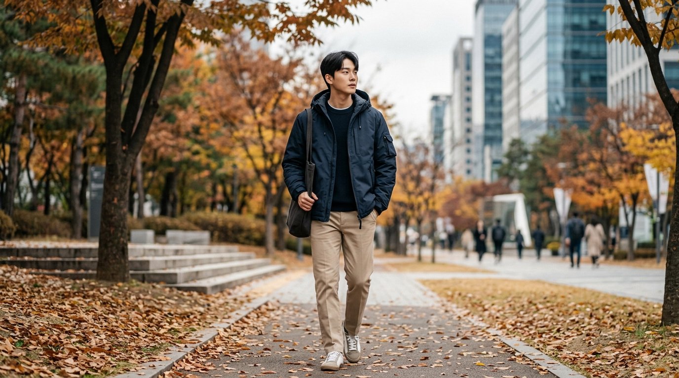 도심 거리에서 남성이 점퍼를 입고 걷는 모습
