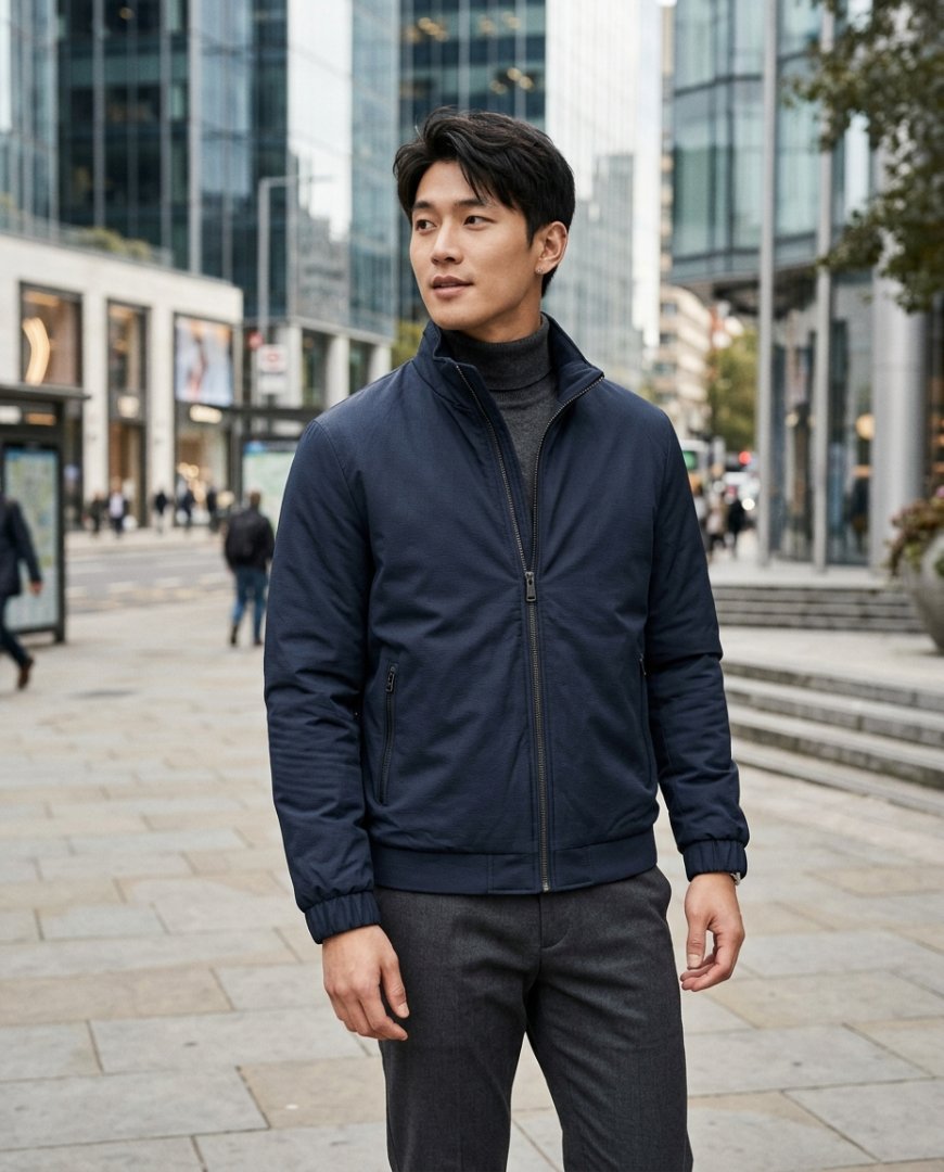 도시의 카페 테라스에서 점퍼 입은 남성
