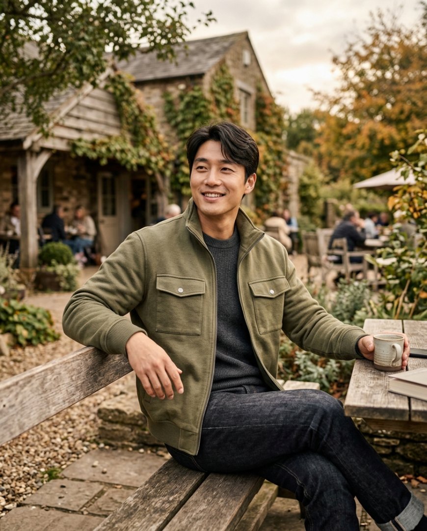 공원에서 그린 점퍼와 데님을 입고 앉아 있는 남성