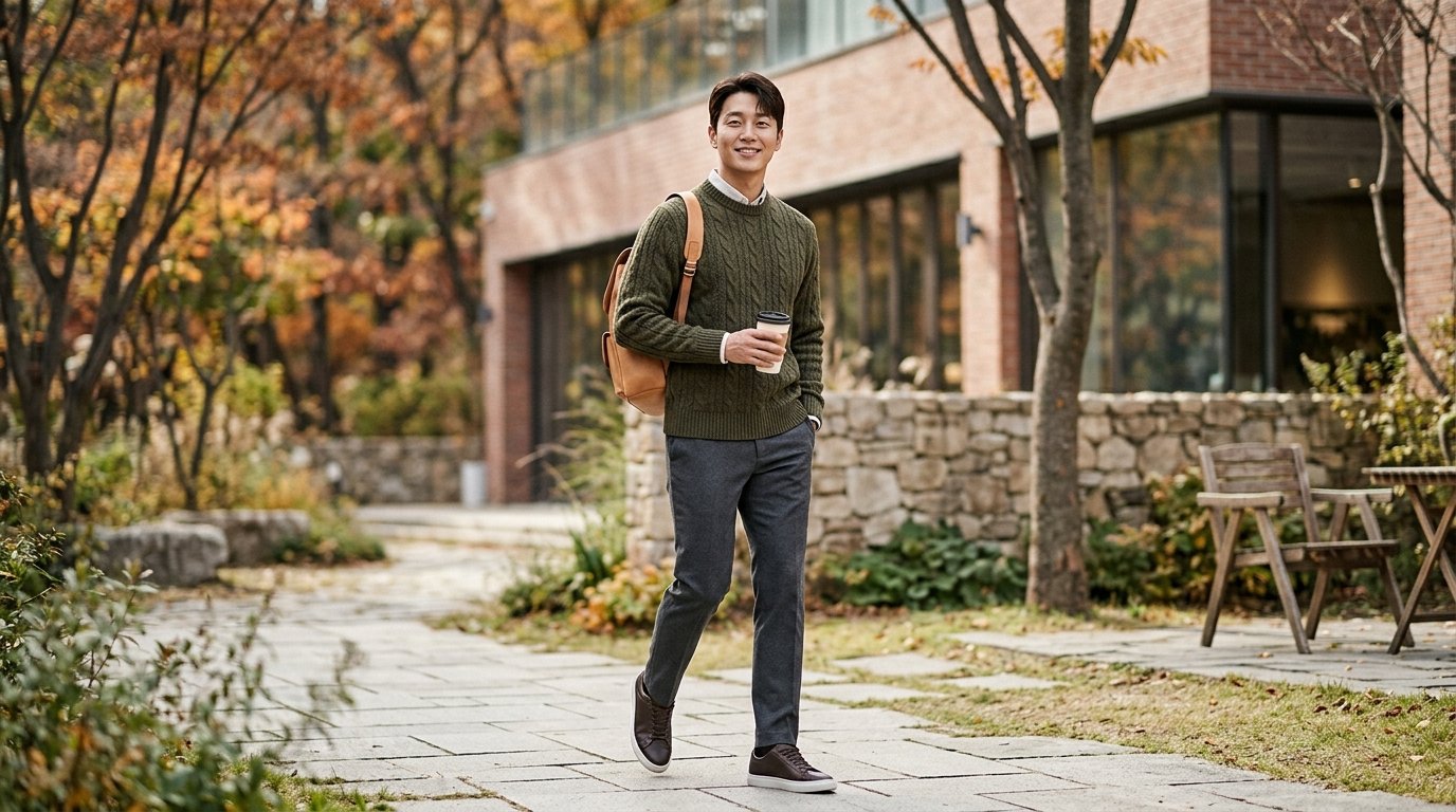 다양한 스타일의 남성 니트를 착용한 모델들의 거리 사진
