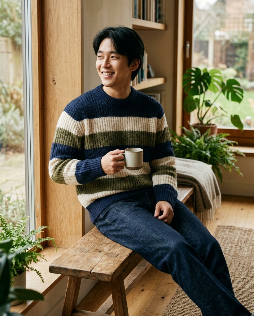 스트라이프 니트를 입은 남성들의 거리 모습