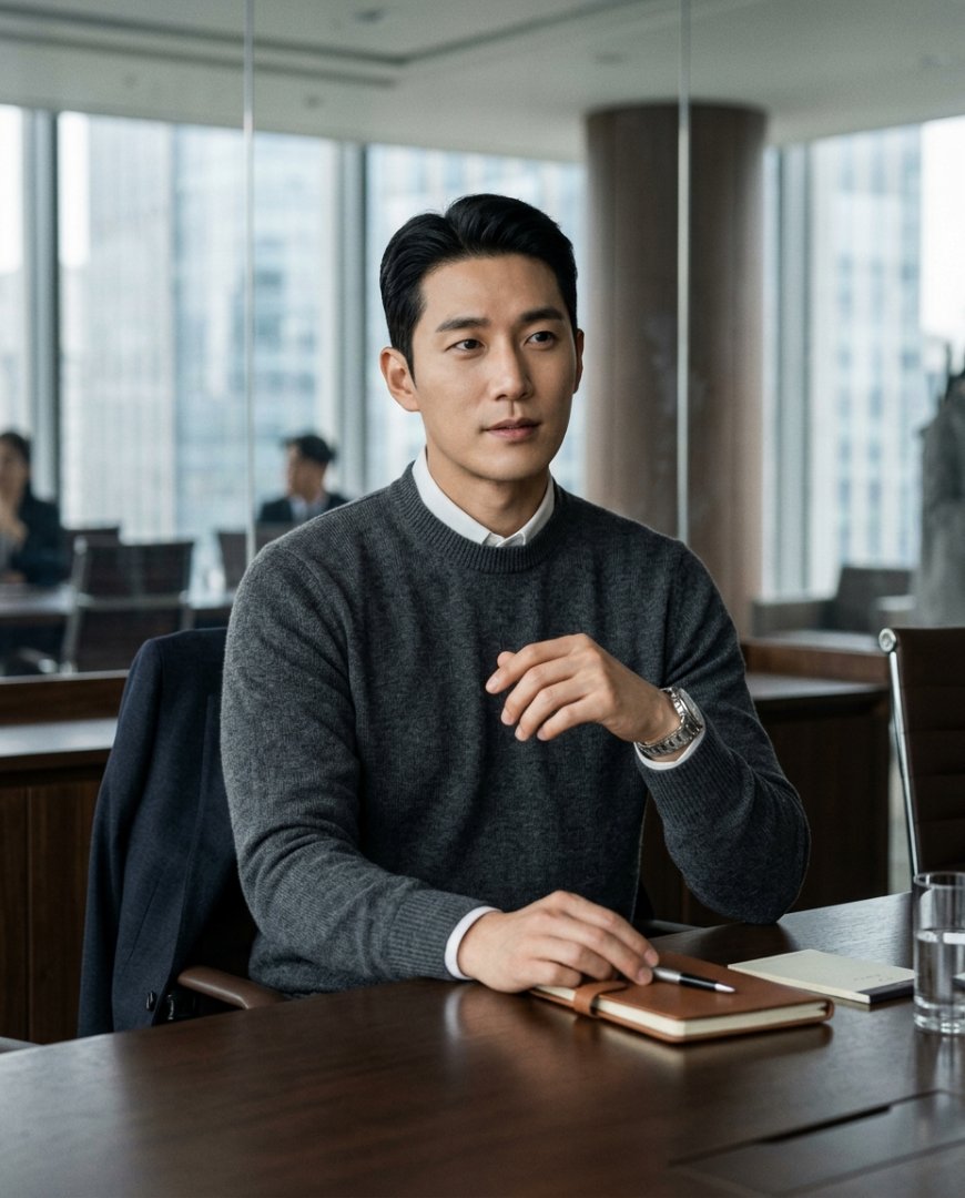 세련된 단색 니트를 입은 남성의 사무실 포즈