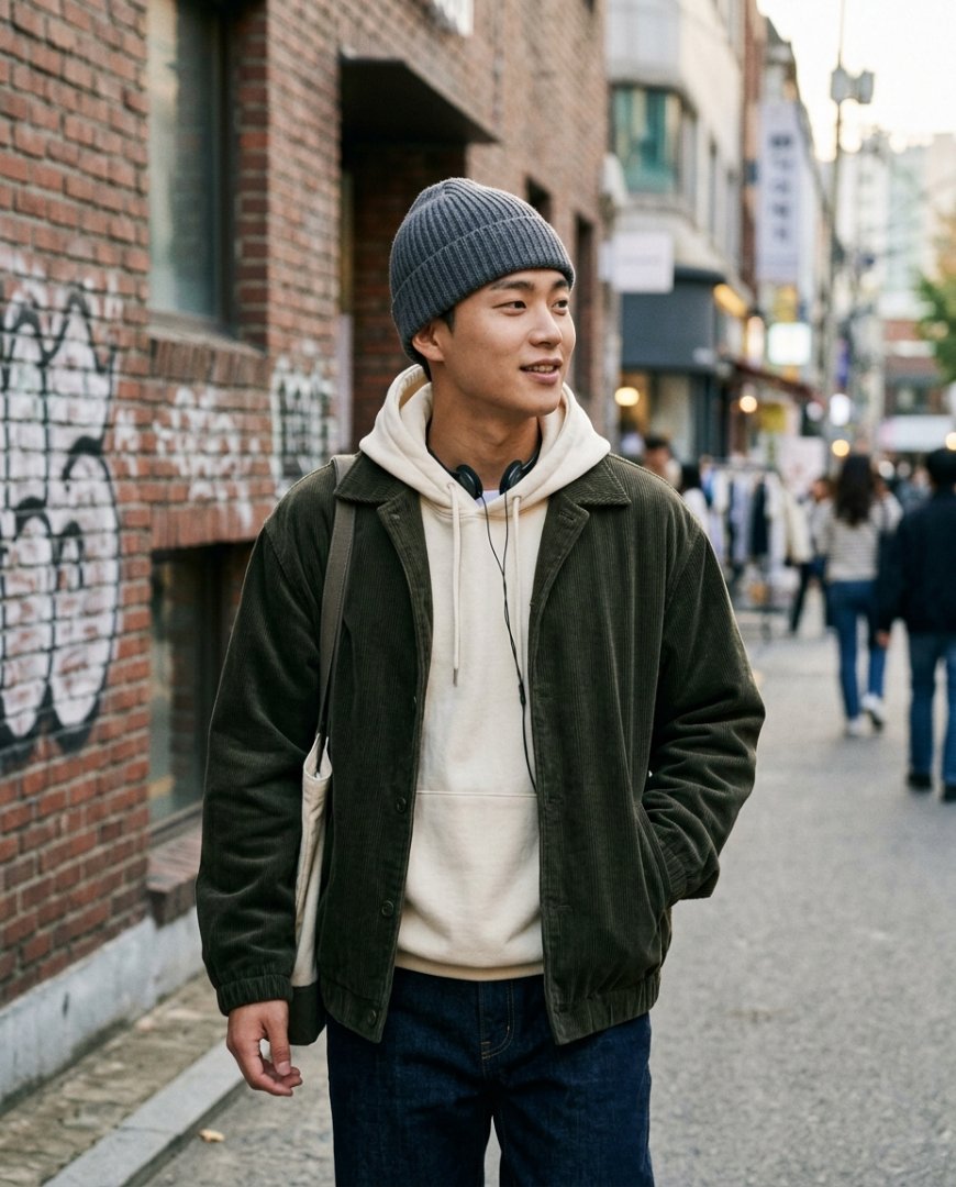 도시 거리에서 비니를 쓴 남성
